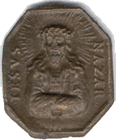 Medaliklis. Averse Jzus Nazarietis, aplinkui raas IESVS  NAZAR. Reverse - v. Marija su kdikliu Jzumi ant rank